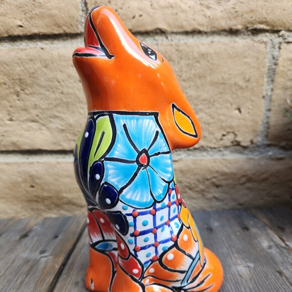 9" H, Tangerine Wolf Fox Dog Talavera Pottery Ceramic Statue Statue Home Decor - Picture 3 of 4